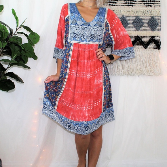 Sundance Dresses & Skirts - Sundance Red Blue V-Neck Boho Dress Size Medium